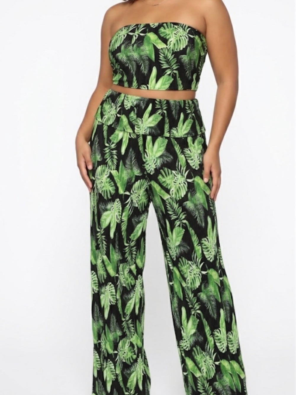 Women’s Green Leaf Print Fold-Over Waistband tube top Pants set